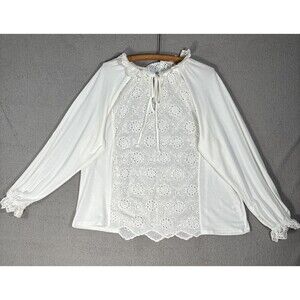 Bunulu Top Women's 1X White Cotton Eyelet Lace Ruffled Peasant Blouse Victorian